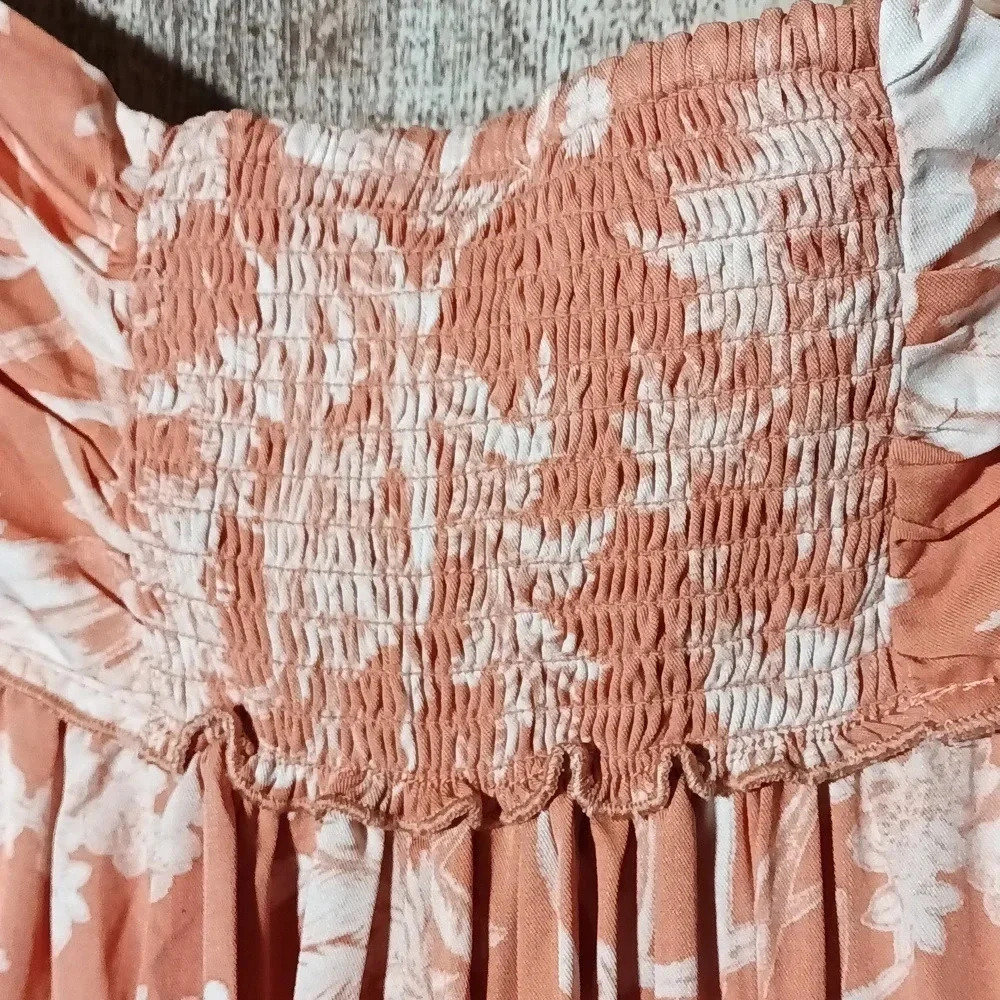 H&M floral cottagecore smocked tie detail halter apricot tropical maxi large - Picture 5 of 12